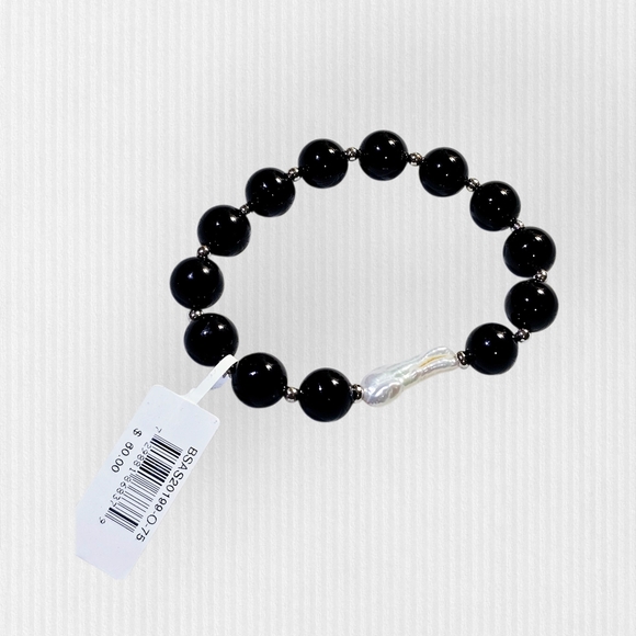 NWT Macy's Biwa Freshwater Pearl Stretch Bracelet Genuine Stone Bead Onyx - Picture 4 of 5